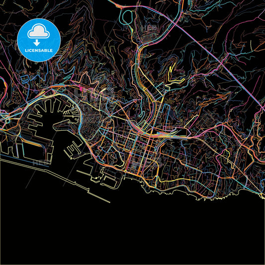 Genoa, Liguria, Italy, colorful city map on black background