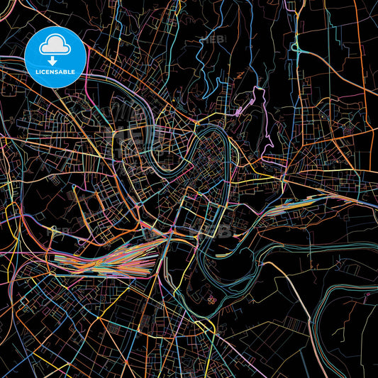 Verona, Veneto, Italy, colorful city map on black background