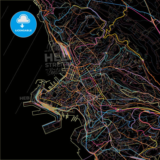 Trieste, Friuli-Venezia Giulia, Italy, colorful city map on black background