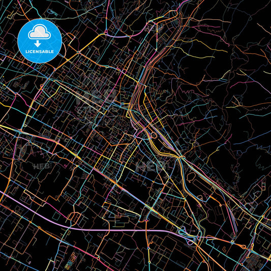 Prato, Tuscany, Italy, colorful city map on black background