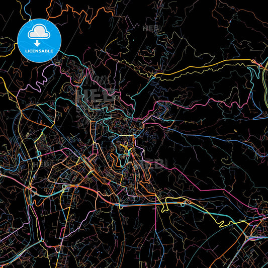 Perugia, Umbria, Italy, colorful city map on black background