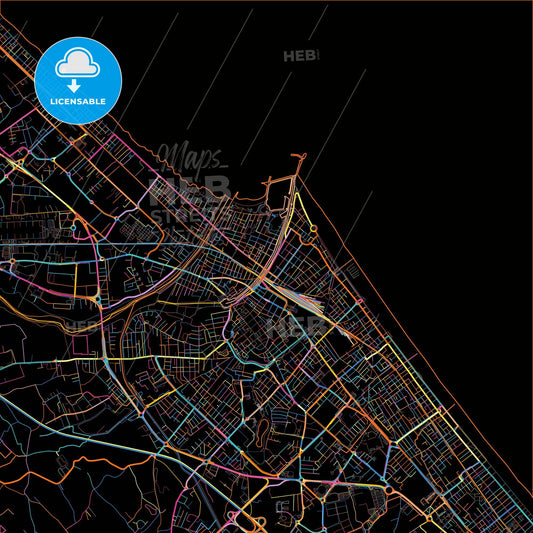 Rimini, Emilia-Romagna, Italy, colorful city map on black background