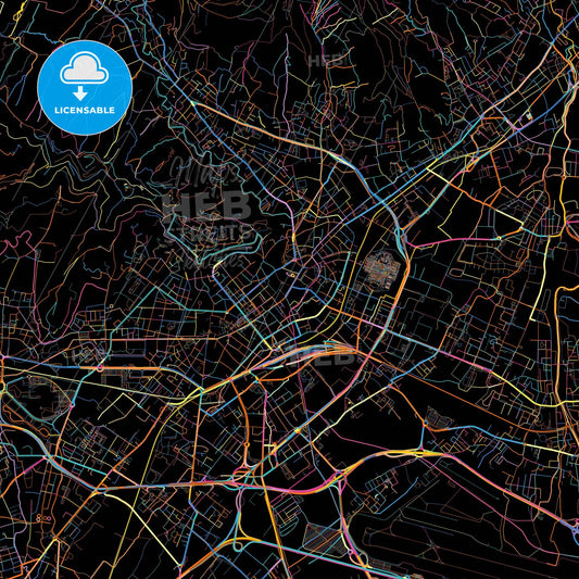 Bergamo, Lombardy, Italy, colorful city map on black background