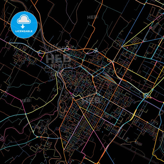Forlì, Emilia-Romagna, Italy, colorful city map on black background