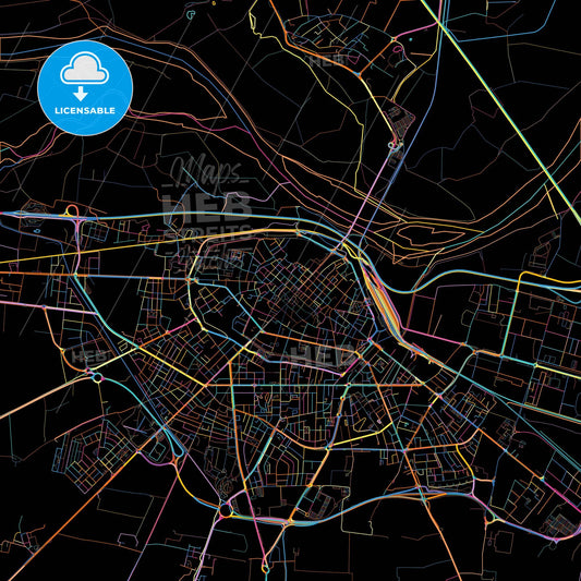 Piacenza, Emilia-Romagna, Italy, colorful city map on black background