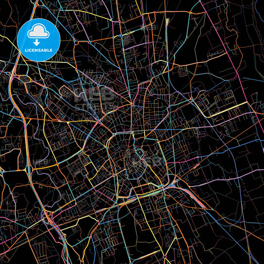 Udine, Friuli-Venezia Giulia, Italy, colorful city map on black background