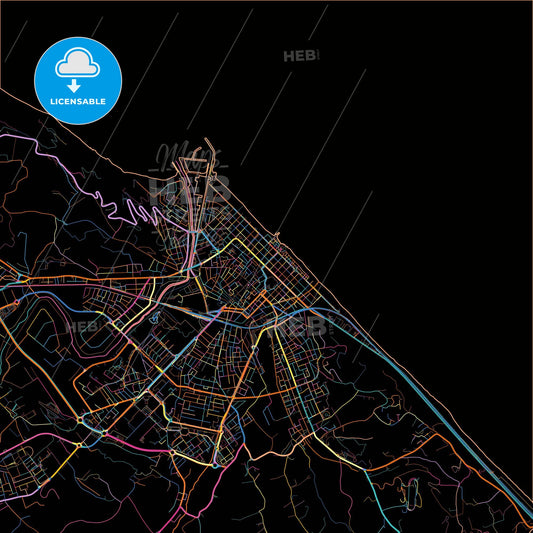 Pesaro, Marche, Italy, colorful city map on black background