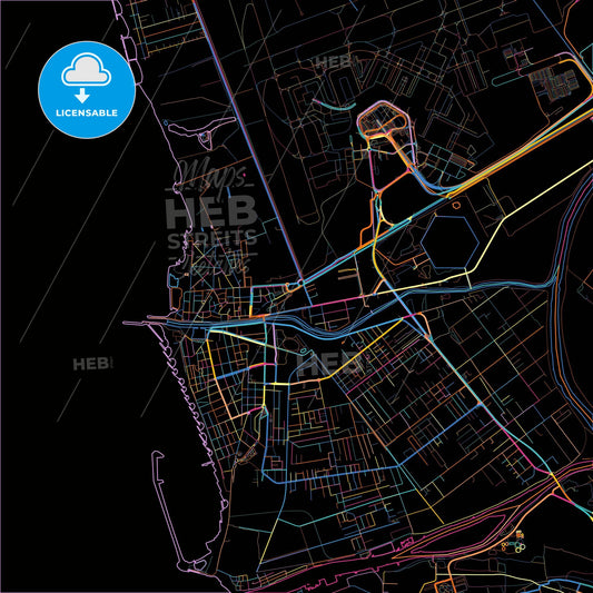 Fiumicino, Lazio, Italy, colorful city map on black background