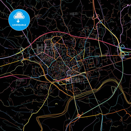 Asti, Piedmont, Italy, colorful city map on black background