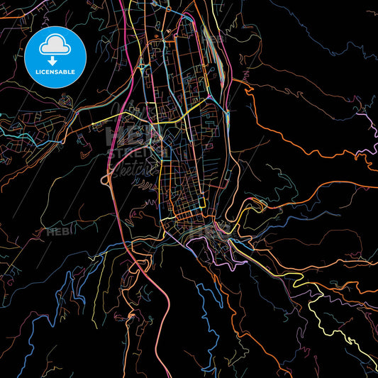 Cosenza, Calabria, Italy, colorful city map on black background