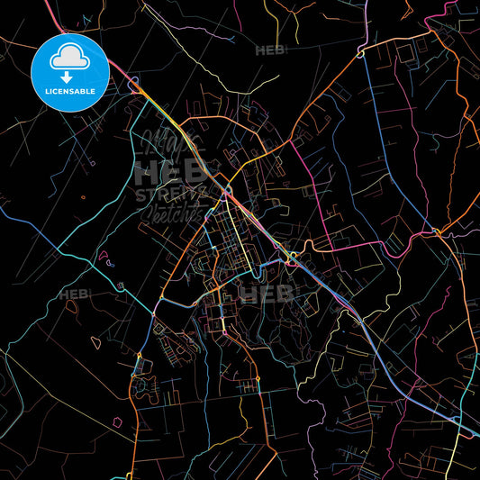 Pomezia, Lazio, Italy, colorful city map on black background