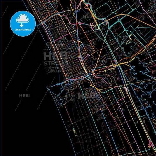 Viareggio, Tuscany, Italy, colorful city map on black background