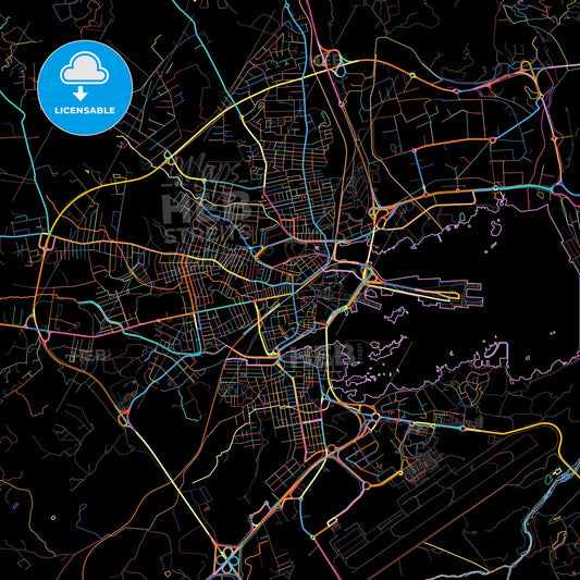 Olbia, Sardinia, Italy, colorful city map on black background