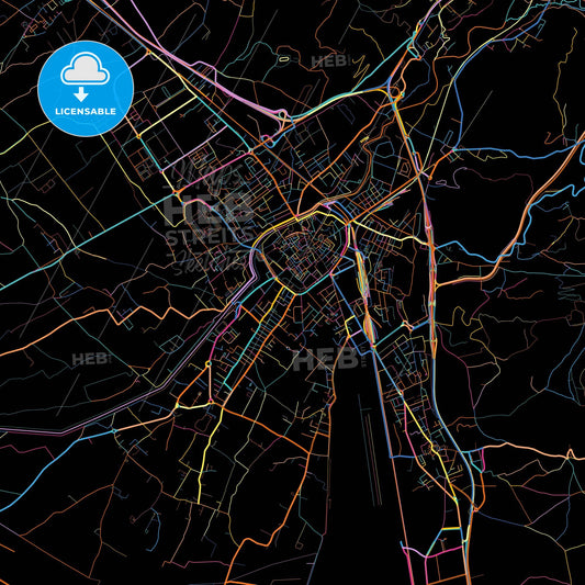 Foligno, Umbria, Italy, colorful city map on black background
