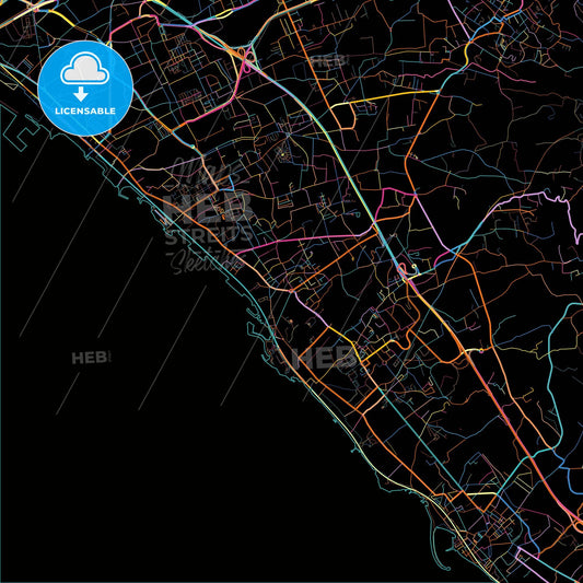 Portici, Campania, Italy, colorful city map on black background
