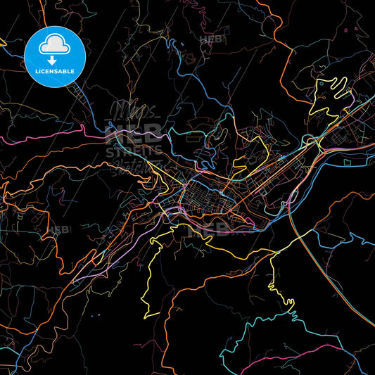 Teramo, Abruzzo, Italy, colorful city map on black background