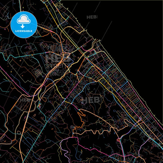 Montesilvano, Abruzzo, Italy, colorful city map on black background