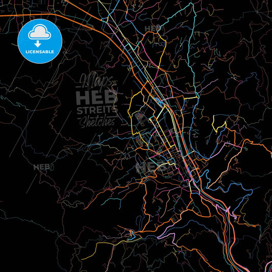 Cava de Tirreni, Campania, Italy, colorful city map on black background