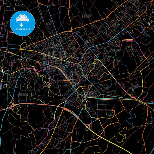 Pordenone, Friuli-Venezia Giulia, Italy, colorful city map on black background