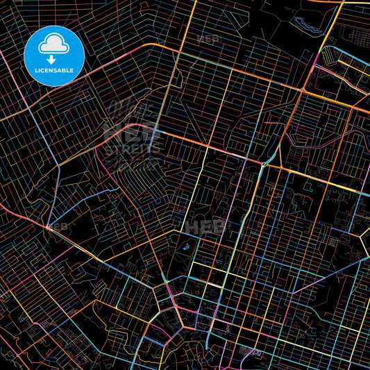 Shymkent, South Kazakhstan Region, Kazakhstan, colorful city map on black background