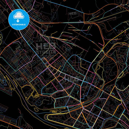 Oskemen, East Kazakhstan Region, Kazakhstan, colorful city map on black background