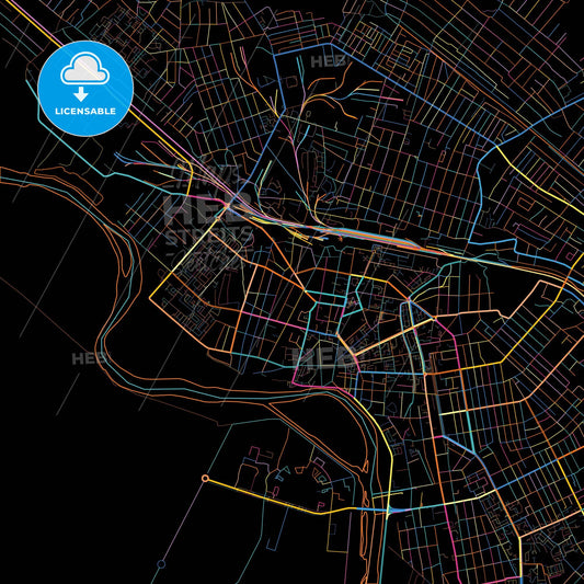 Kyzylorda, Kyzylorda Province, Kazakhstan, colorful city map on black background