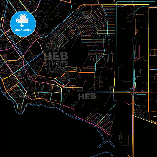 Aktau, Mangystau Province, Kazakhstan, colorful city map on black background
