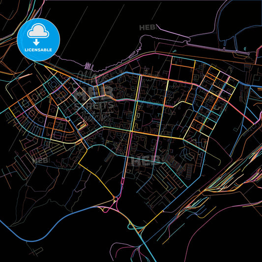 Temirtau, Karagandy Province, Kazakhstan, colorful city map on black background
