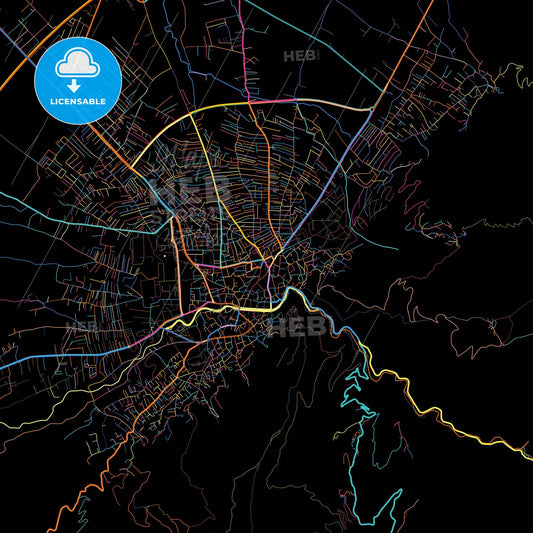 Prizreni / Prizren, District of Prizren, Kosovo, colorful city map on black background