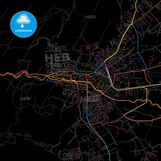 Pejë / Peć, District of Peć, Kosovo, colorful city map on black background
