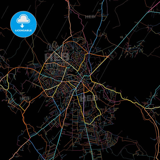 Gjilani / Gnjilane, District of Gjilan, Kosovo, colorful city map on black background