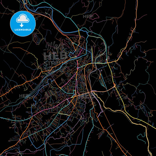 Mitrovicë / Kosovska Mitrovica, District of Mitrovica, Kosovo, colorful city map on black background
