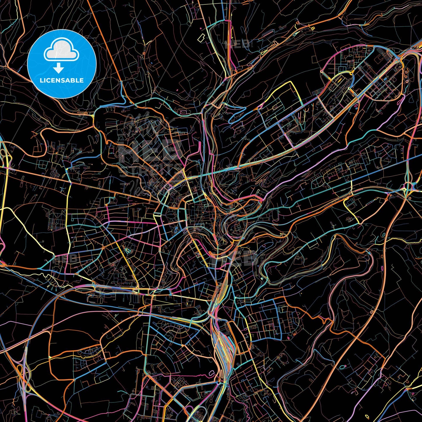 Luxembourg City, Luxembourg, Luxembourg, colorful city map on black background