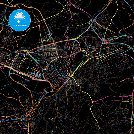 Esch-sur-Alzette, Esch-sur-Alzette, Luxembourg, colorful city map on black background