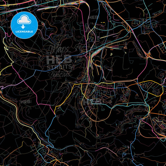 Differdange, Esch-sur-Alzette, Luxembourg, colorful city map on black background