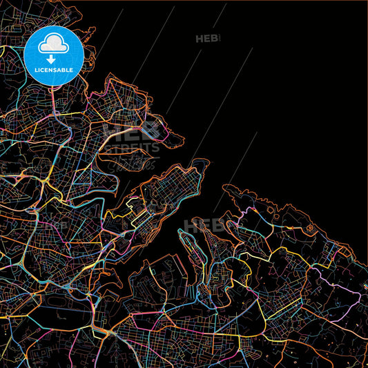 Valletta, South Eastern Region, Malta, colorful city map on black background