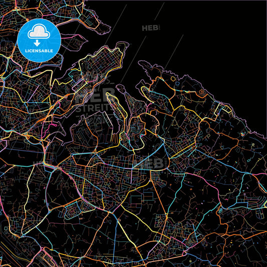 Bormla, South Eastern Region, Malta, colorful city map on black background