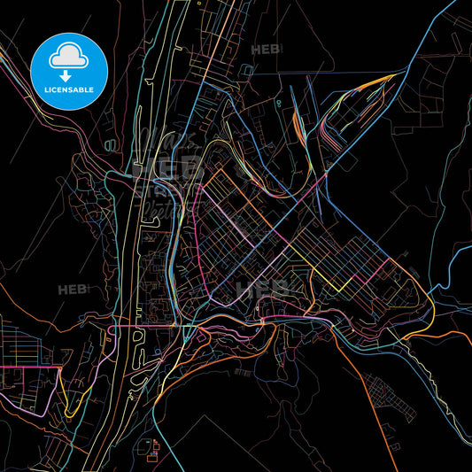 Rîbnița, Transnistria, Moldova, colorful city map on black background
