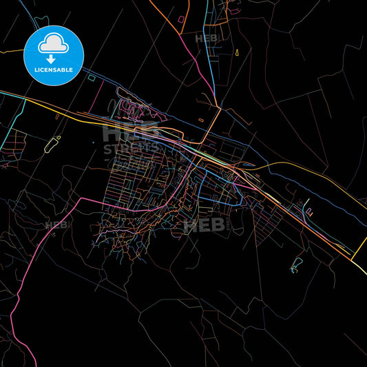 Strășeni, Strășeni district, Moldova, colorful city map on black background