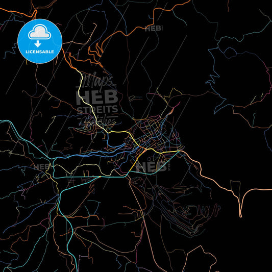 Pljevlja, Northern, Montenegro, colorful city map on black background