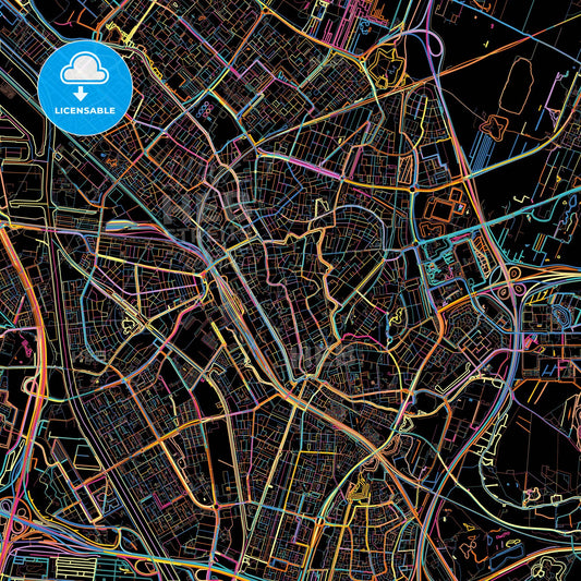 Utrecht, Utrecht, Netherlands, colorful city map on black background