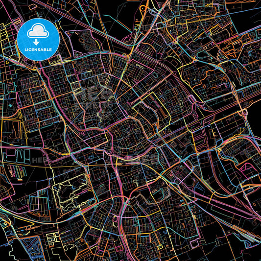 Groningen, Groningen, Netherlands, colorful city map on black background