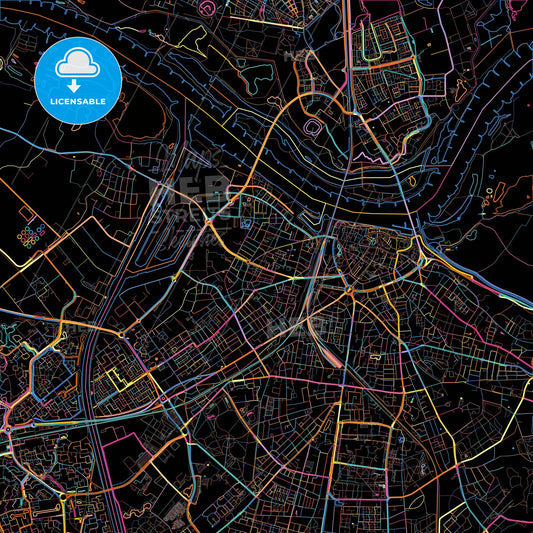 Nijmegen, Gelderland, Netherlands, colorful city map on black background