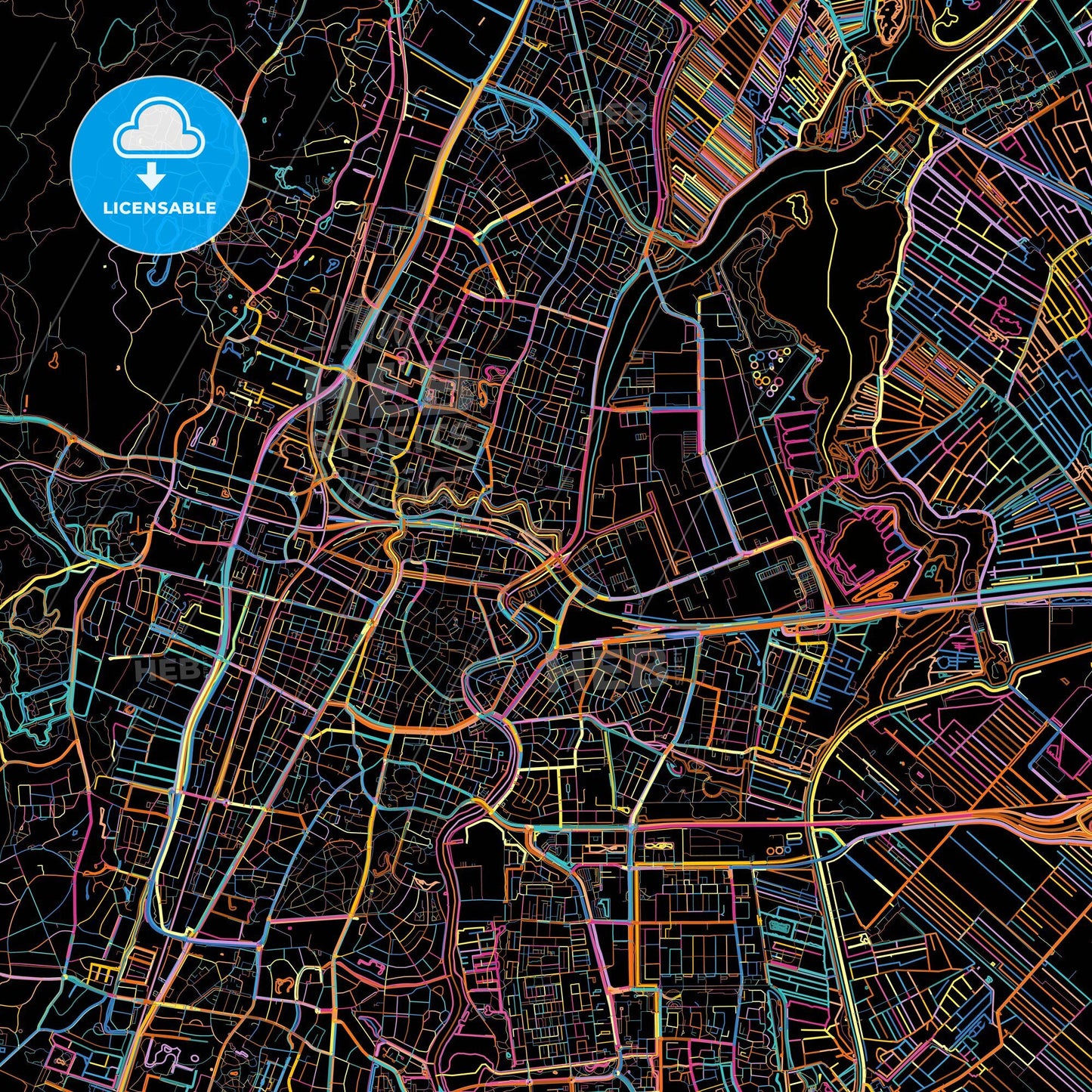 Haarlem, North Holland, Netherlands, colorful city map on black background