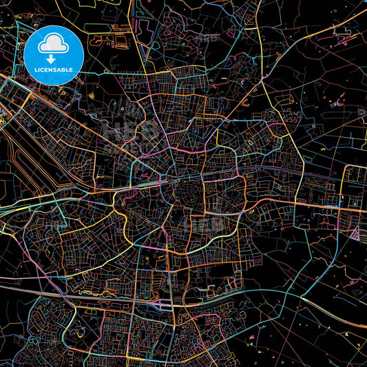 Enschede, Overijssel, Netherlands, colorful city map on black background