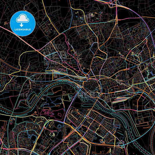 Arnhem, Gelderland, Netherlands, colorful city map on black background