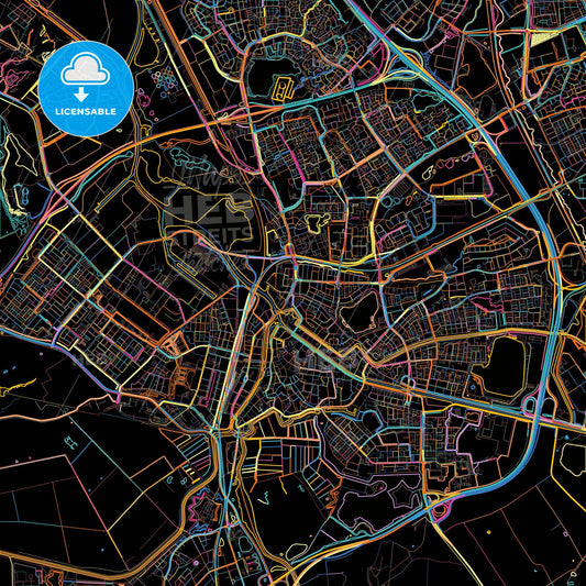 s-Hertogenbosch, North Brabant, Netherlands, colorful city map on black background