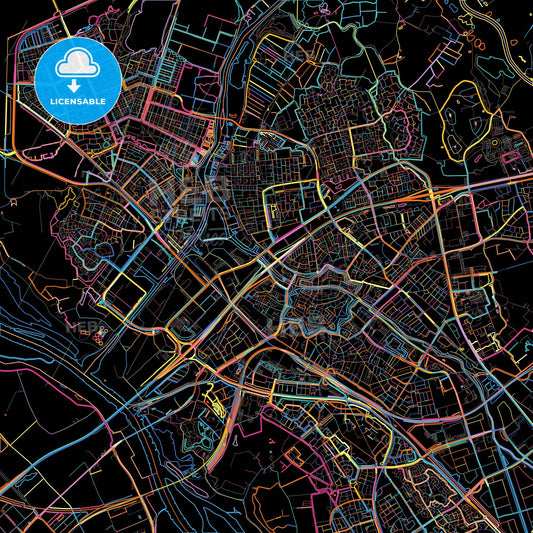Zwolle, Overijssel, Netherlands, colorful city map on black background