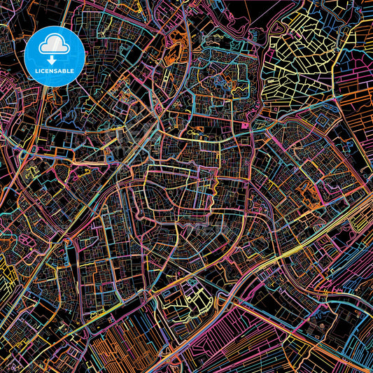 Leiden, South Holland, Netherlands, colorful city map on black background