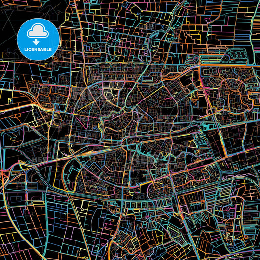 Leeuwarden, Friesland, Netherlands, colorful city map on black background